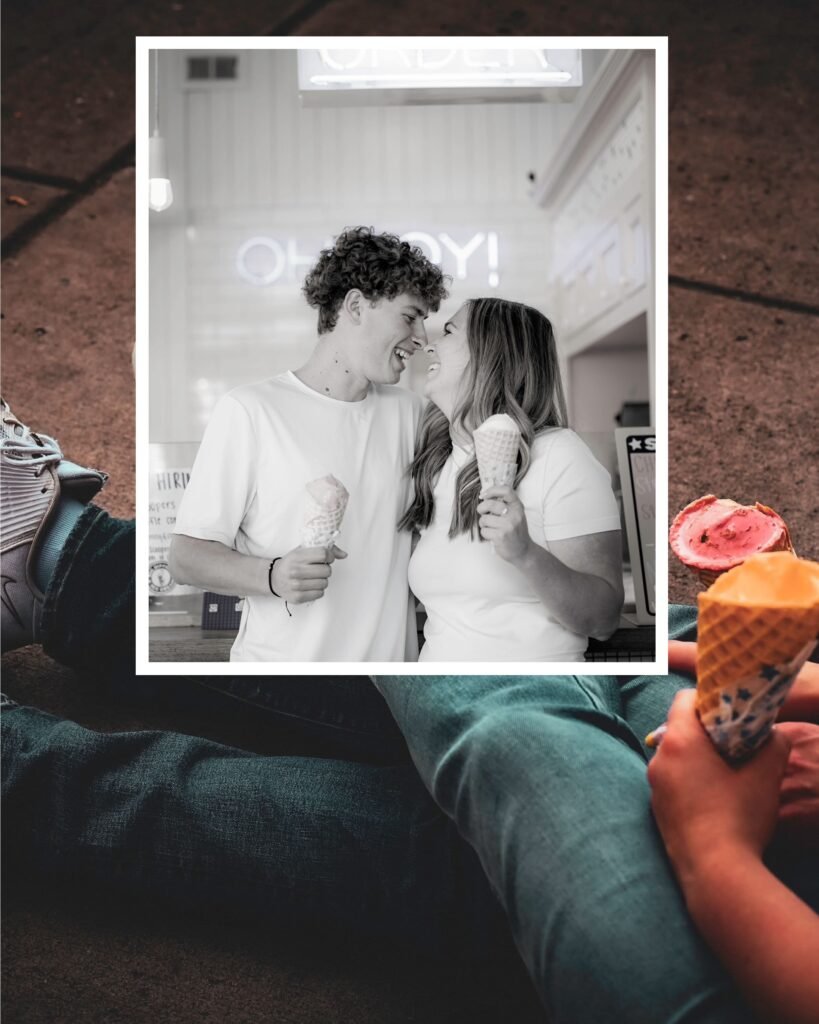 black and white photo of young man and woman with ice cream cones inset in a color photo of thier hands holding the cones, and their legs as they sit on the floor.