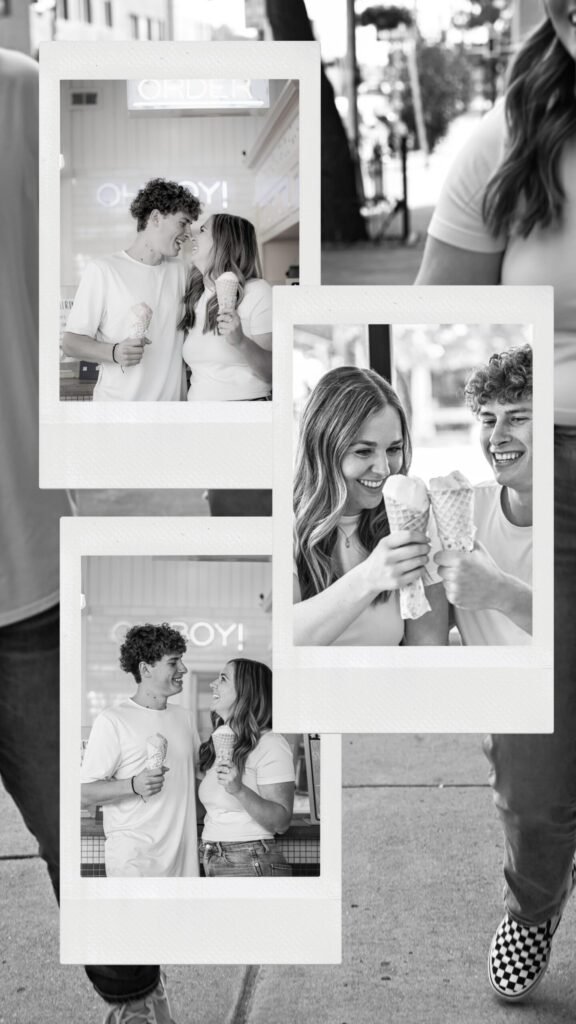 A collage of images of a young couple at an ice cream shop.