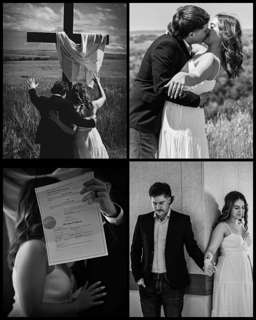 Collage of black and white photos of a young couple's wedding.