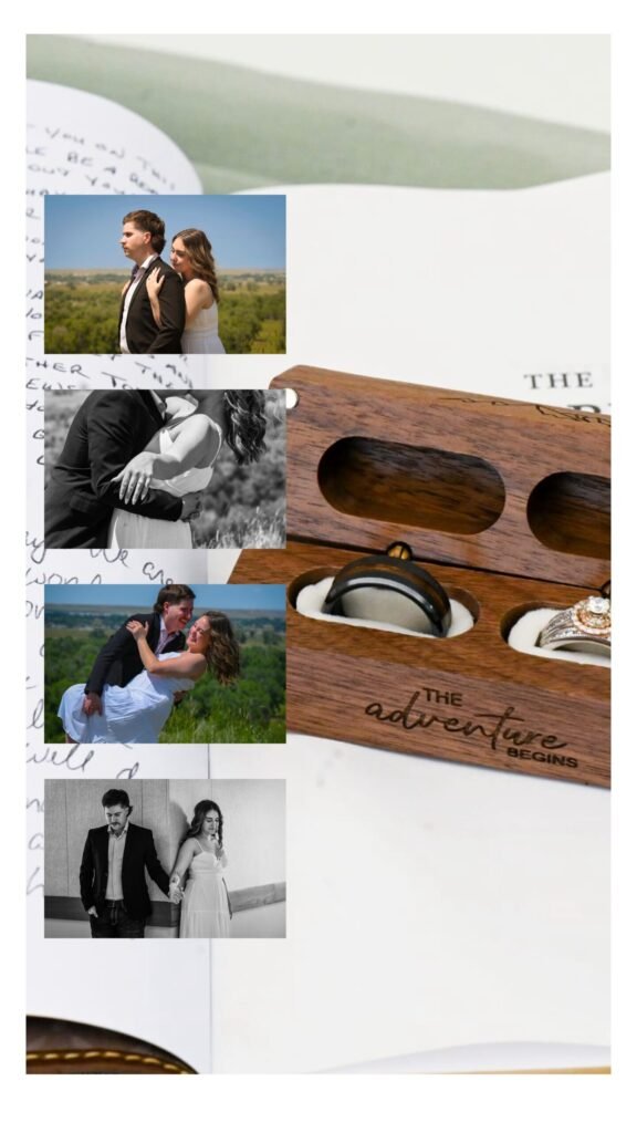Collage of wedding photographs of bride and groom, and their wedding rings.