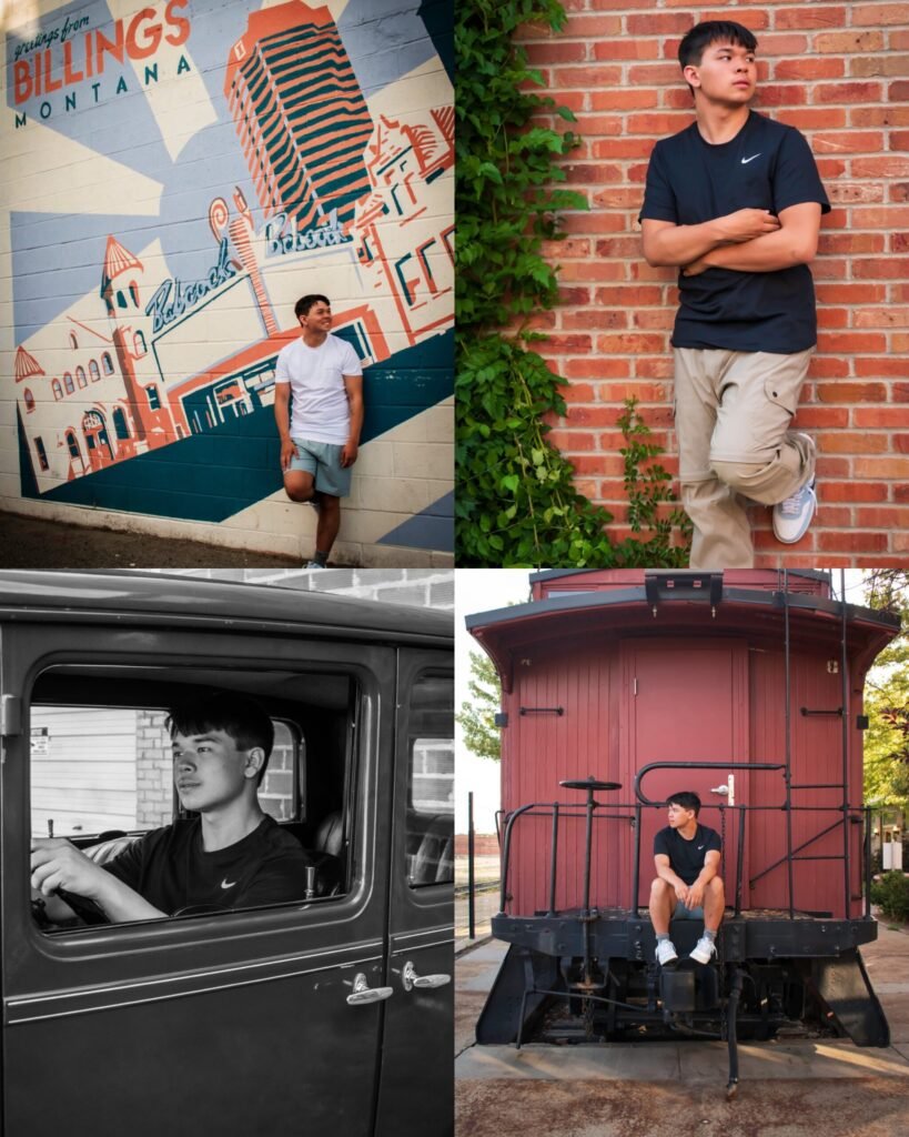 A collage of photos of a young man posing for his Senior Portraits.