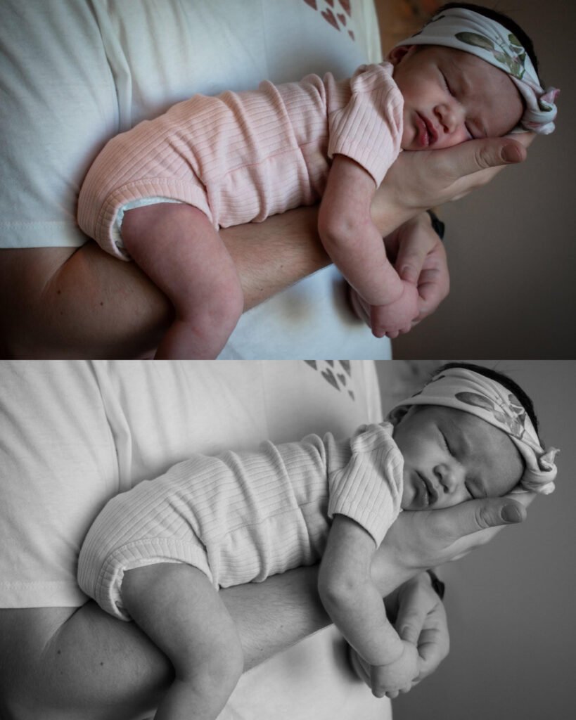 Two images, one color, one black and white, of a newborn baby on her mother's arm.
